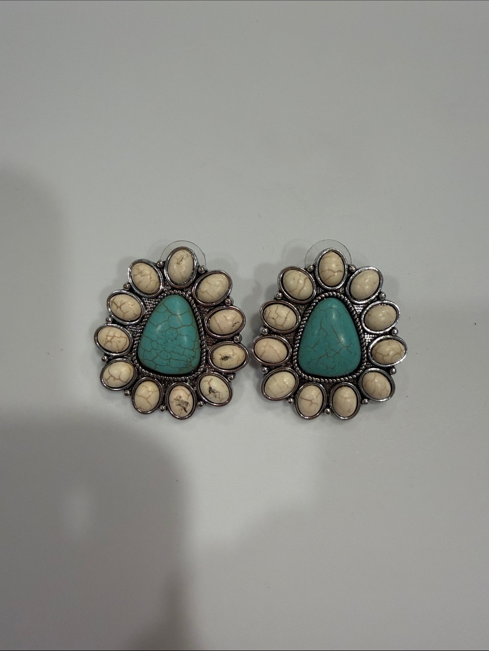 Turquoise & Cream Stone Floral Drop Earrings - Women Jewelry